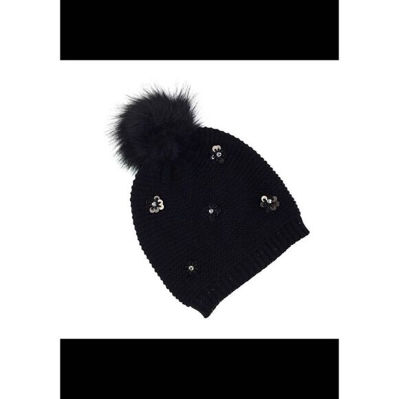Neiman Marcus Hat Pom Pom Beanie Black Floral Embellished Bling Women One Size - Picture 6 of 11